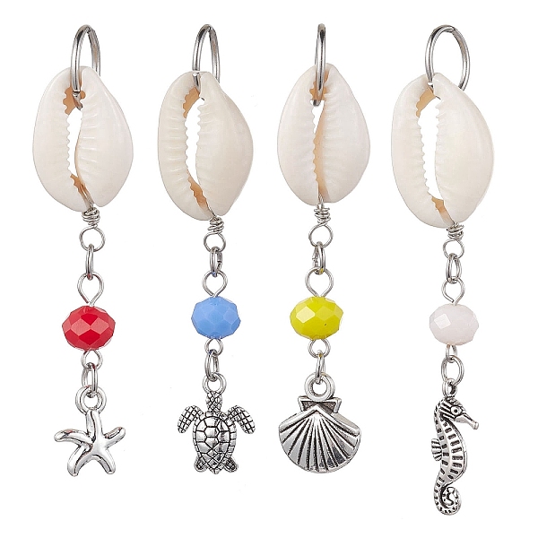 

PandaHall Natural Cowrie Shell Pendant Decorations, with Glass Beads and Tibetan Style Alloy Charms, Starfish/Shell/Sea Horse/Turtle, Mixed..., Multicolor