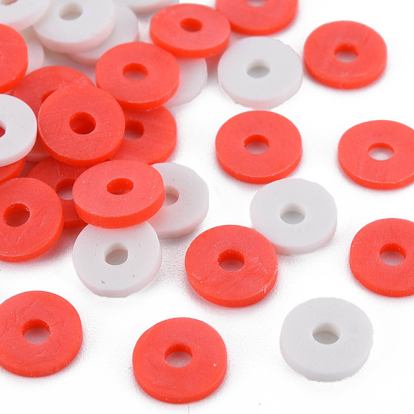 

PandaHall 2 Colors Handmade Polymer Clay Beads, Heishi Beads, Disc/Flat Round, Red & White, 8x0.5~1.5mm, Hole: 2mm, about 11500pcs/1000g...