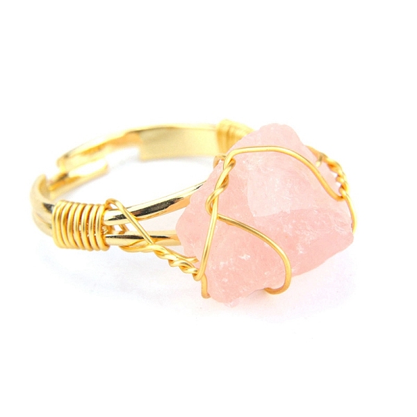 

PandaHall Natural Rose Quartz Nugget Adjustable Rings, Golden Copper Wire Wrap Ring, Inner Diameter: 19mm Rose Quartz Nuggets
