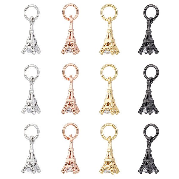 

PandaHall DICOSMETIC 12Pcs 4 Colors Eiffel Tower Charms Cubic Zirconia Tower Charms Gunmetal/Golden/Platinum/Rose Gold 3D Building Dangle..., Clear