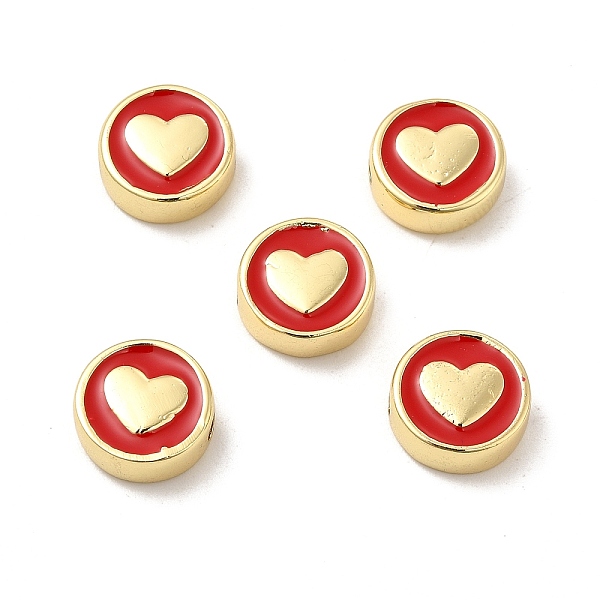 

PandaHall Real 18K Gold Plated Brass Enamel Beads, Flat Round with Heart, Red, 11x4.5mm, Hole: 2mm Brass+Enamel Flat Round Red