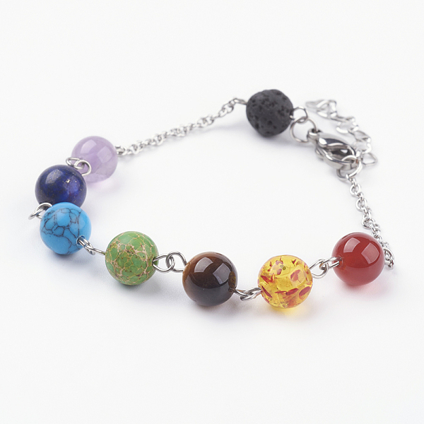 

PandaHall Chakra Jewelry, 304 Stainless Steel Bracelets, with Gemstone and Lobster Claw Clasps, 7-3/8 inch(188mm) Mixed Stone