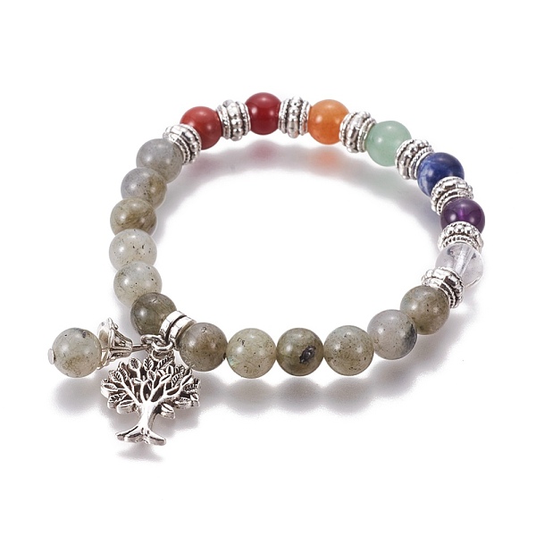 

PandaHall Chakra Jewelry, Natural Labradorite Bracelets, with Metal Tree Pendants, 50mm Labradorite