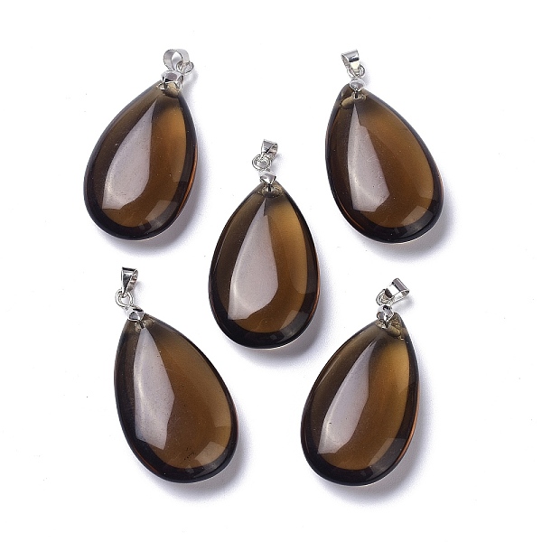 

PandaHall Synthetic Smoky Quartz Pendants, with Brass Finding, Teardrop, 35x20x7.5~9mm, Hole: 4x3.5mm Smoky Quartz Teardrop