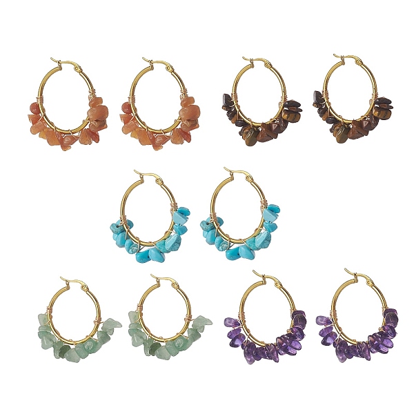 

PandaHall Natural Gemstone Hoop Earrings, Golden Tone 304 Stainless Steel Earring for Women, 37~39x40~43x6~8mm, Pin: 0.9~1.3x0.7mm Mixed..., Multicolor