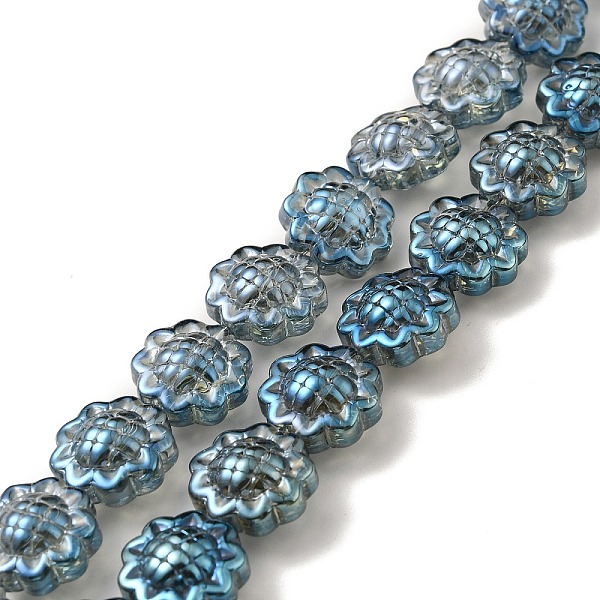 

PandaHall Transparent Electroplate Glass Beads Strands, Rainbow Plated, Sunflower, Steel Blue, 15x9mm, Hole: 1mm, about 44~45pcs/strand...