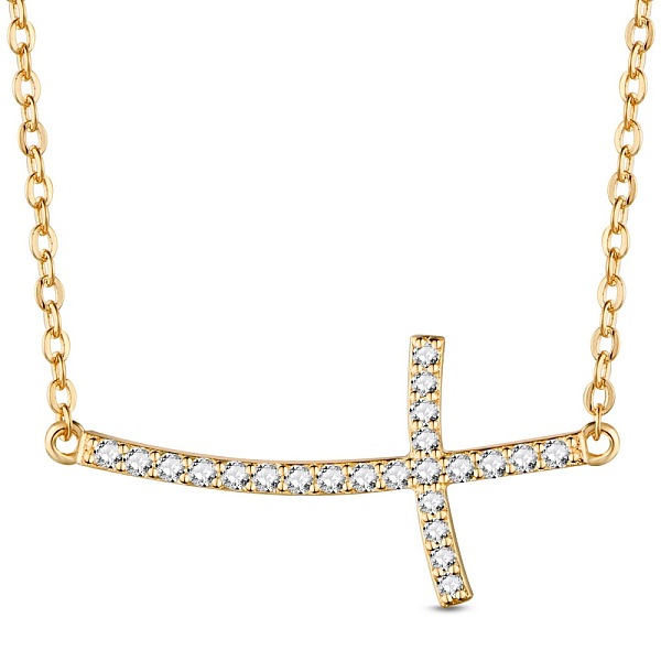 

PandaHall SHEGRACE Fashion 925 Sterling Silver Pendant Necklace, Micro Pave Grade AAA Cubic Zirconia Sideways Cross Links, Real 24K Gold...