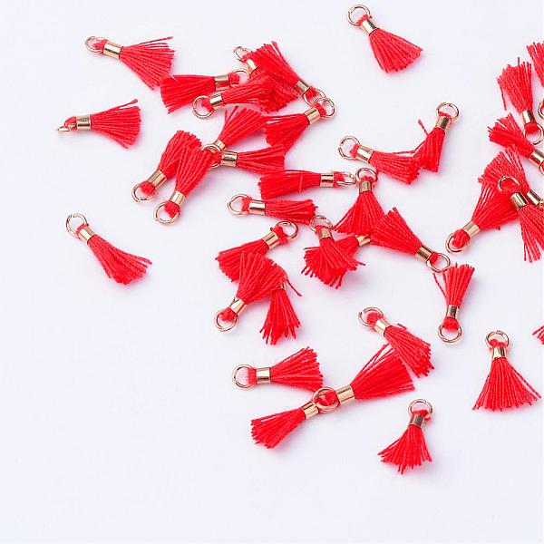 

PandaHall Polycotton(Polyester Cotton) Tassel Pendant Decorations, with Unwelded Iron Jump Rings, Golden, Red, 10~16x2mm, Hole: 1.5mm...