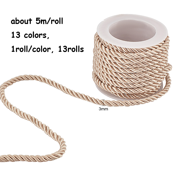 

PandaHall Olycraft Polyester Cord, Twisted Cord, for Home Decorate, Upholstery, Curtain Tieback, Honor Cord, Mixed Color, 3mm, about 5m/roll..., Multicolor