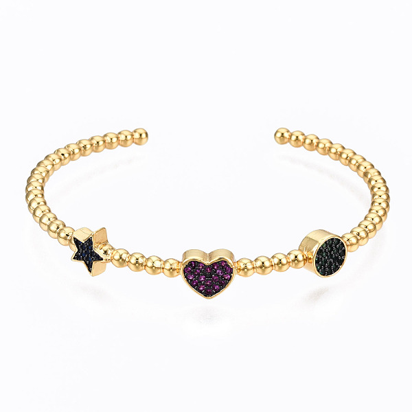 

PandaHall Brass Micro Pave Cubic Zirconia Cuff Bangles, Nickel Free, Heart & Star & Flat Round, Colorful, Real 16K Gold Plated, Inner...