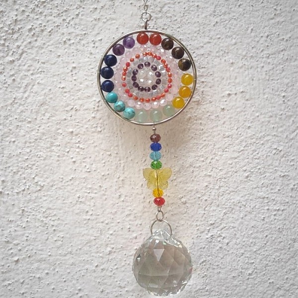 

PandaHall Glass Teardrop Pendant Decoration, Wind Chime, with Natural Gemstone Mandala Charm for Home Christmas Tree Decoration, 400mm Mixed...