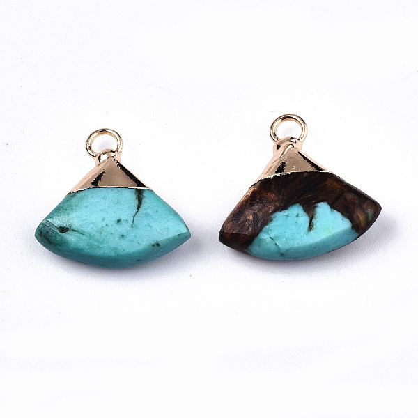 

PandaHall Fan Assembled Natural Bronzite and Synthetic Turquoise Pendants, with Iron Loop and Light Gold Plated Brass Top, 18~19x18~19x5~6mm...
