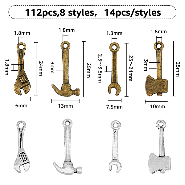 

PandaHall HOBBIESAY 112pcs Home Tool Charms 4 Styles 2 Color Alloy Charm Pendants Hammer Wrench Spanner Axe Pendant Jewelry Making Charms...