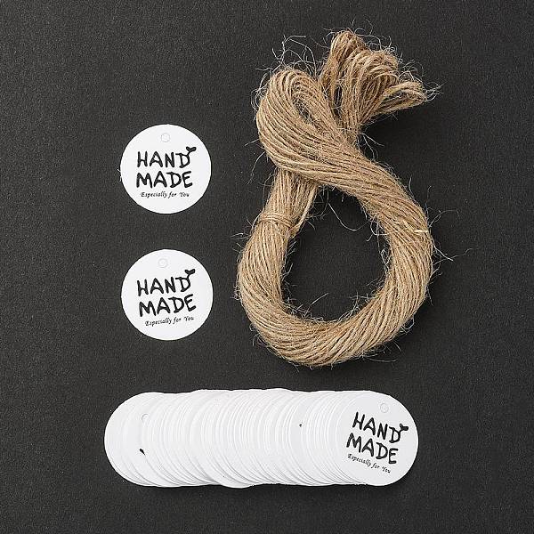 

PandaHall 100Pcs Paper Gift Tags, Hange Tags, with Hemp Rope, for Arts, Crafts and Food, Flat Round with Word HAND MADE, White, Tag: 3cm...