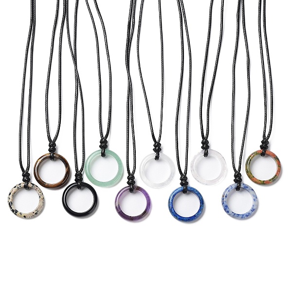 

PandaHall Natural Mixed Stone Ring Pendant Necklace with Waxed Cords, 29.53~29.92 inch(75~76cm), Pendant: 26x6mm Mixed Stone Ring
