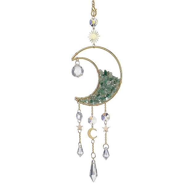 

PandaHall Wire Wrapped Natural Green Aventurine Chip & Brass Moon Pendant Decorations, with Glass Cone Charms, for Home Decorations, 420mm...