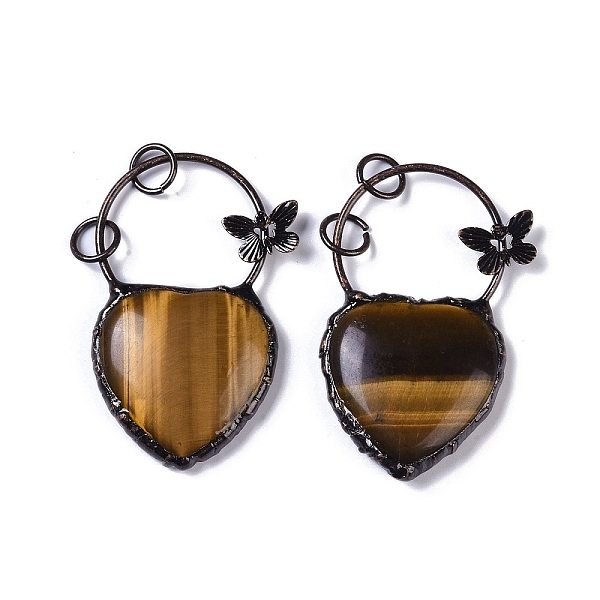 

PandaHall Natural Tiger Eye Heart Big Pendants, Red Copper Plated Brass Ring & Butterfly Charms, 56.5x35x7.5mm, Hole: 6mm Tiger Eye Heart