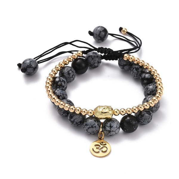 

PandaHall Round Natural Snowflake Obsidian Braided Beded Bracelets Set, Buddha Head & Om Symbol Charm Bracelets, Buddhist Jewelry, Real 18K..., Black