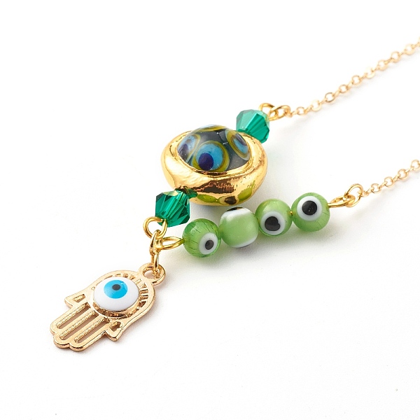

PandaHall Alloy Enamel Hamsa Hand with Evil Eye Pendant Necklaces, with Lampwork Beads and Brass Cable Chains, Golden, Olive Drab, 17.91...