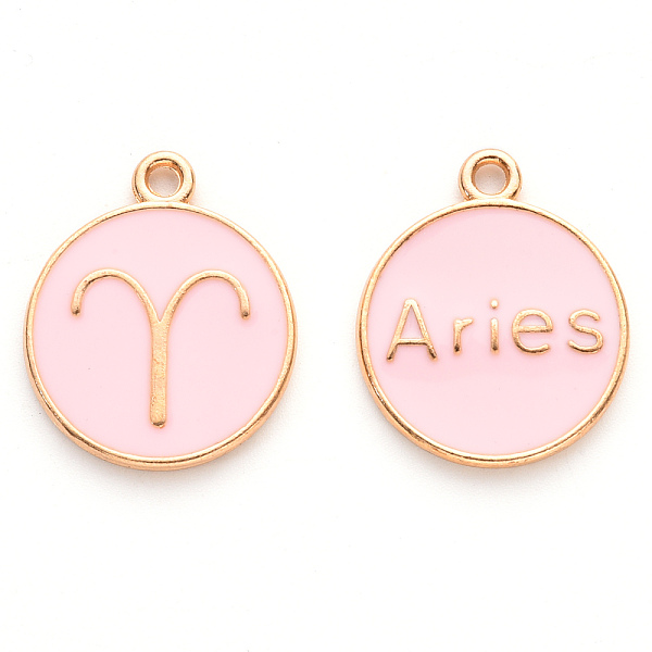

PandaHall Alloy Enamel Pendants, Cadmium Free & Lead Free, Flat Round with Constellation, Light Gold, Pink, Aries, 22x18x2mm, Hole: 1.5mm...