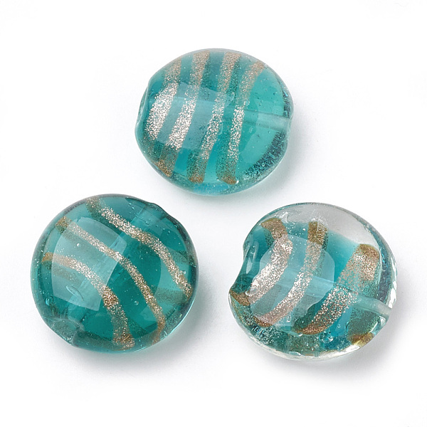 

PandaHall Handmade Gold Sand Lampwork Beads, Flat Round, Light Sea Green, 19~20x20~20.5x10~11mm, Hole: 1~1.5mm Lampwork Flat Round