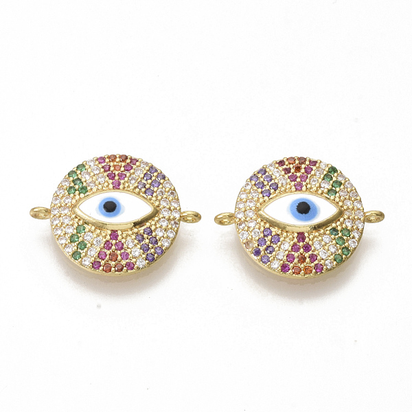 

PandaHall Brass Micro Pave Cubic Zirconia Links connectors, with Enamel, Flat Round with Evil Eye, Golden, 21x16x3mm, Hole: 1.2mm...
