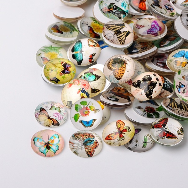 

PandaHall Butterfly Printed Glass Half Round/Dome Cabochons, Mixed Color, 14x5mm Glass Half Round Multicolor