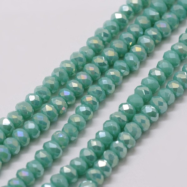 

PandaHall Electroplate Glass Bead Strands, Rondelle, Faceted, Rainbow Plated, Medium Sea Green, 3x2mm, Hole: 1mm, about 120~125pcs/strand...