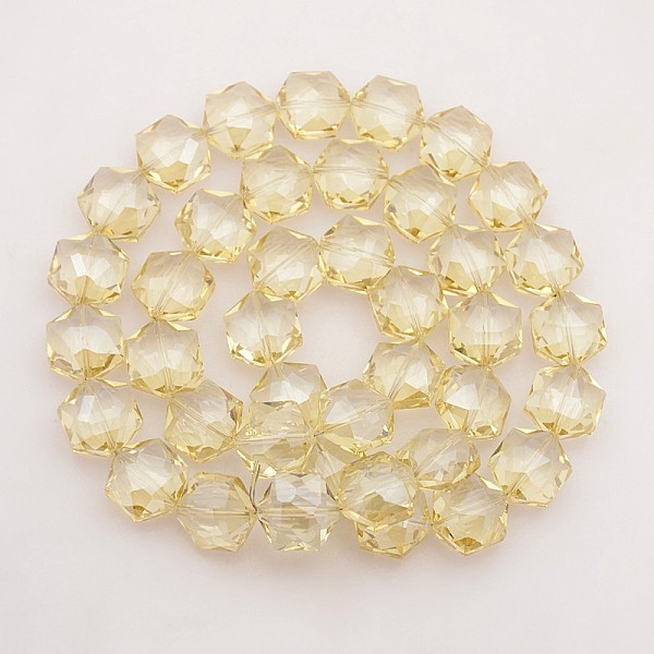 

PandaHall Hexagon Electroplate Full Rainbow Plated Glass Beads Strands, Faceted, Light Yellow, 15x14x8mm, Hole: 1mm, about 50pcs/strand...