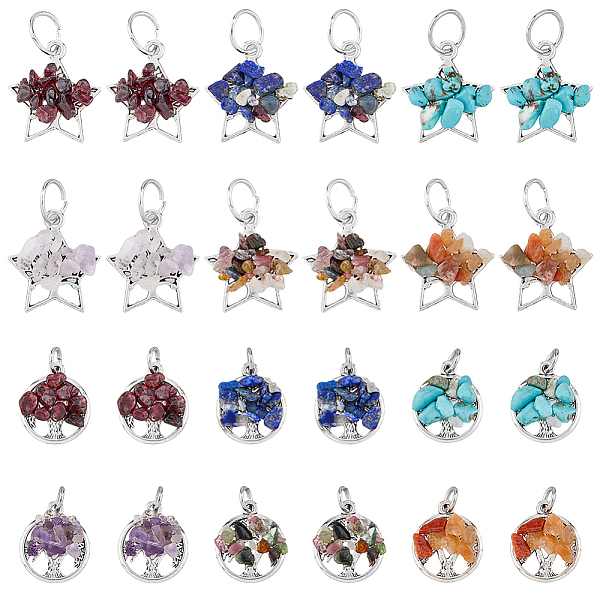 

PandaHall SUPERFINDINGS 8 Sets 2 Styles Mixed Stone Chip Pendants, Tree of Life & Star Charms, with Antique Silver Tone Alloy Findings...