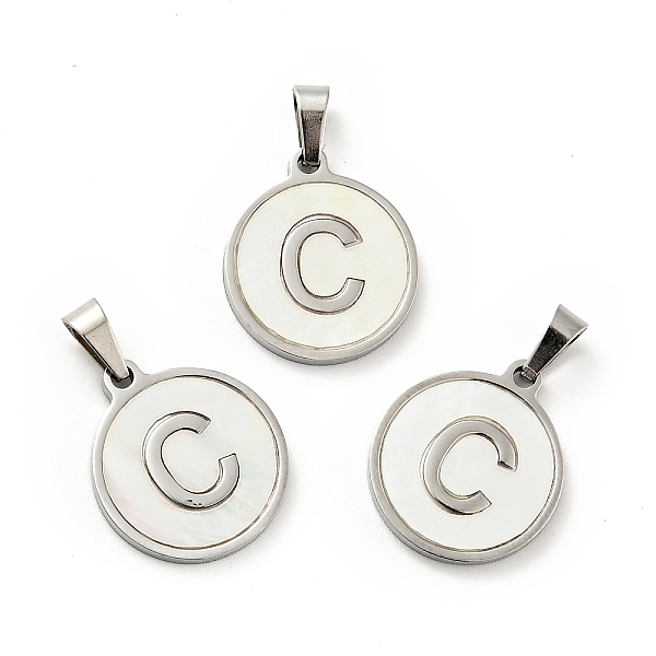 

PandaHall 304 Stainless Steel with White Shell Pendants, Stainless Steel Color, Flat Round with Letter Charm, Letter.C, 18x16x1.5mm, Hole...