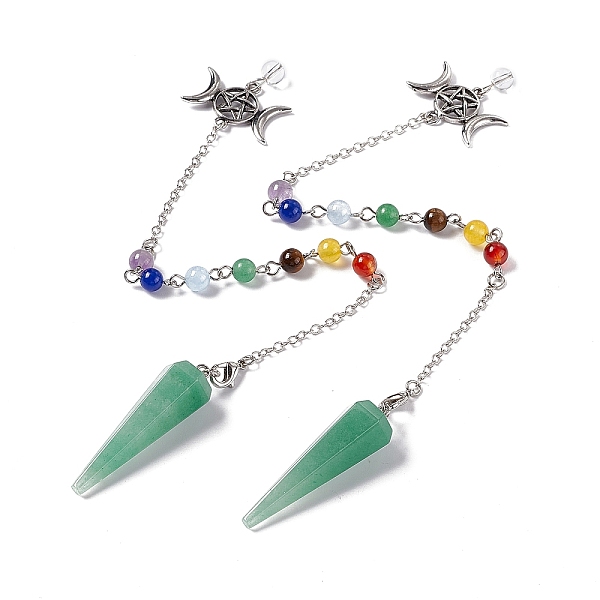 

PandaHall Natural Green Aventurine Hexagonal Pointed Cone Dowsing Pendulum Pendants, with Chakra Gemstone Round Beads, Rack Plating Platinum...