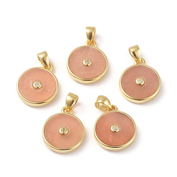 

PandaHall Natural Sunstone Charms, with Golden Brass Findings and Clear Cubic Zirconia, Long-Lasting Plated, Flat Round, 14x11.5x2.5mm, Hole...