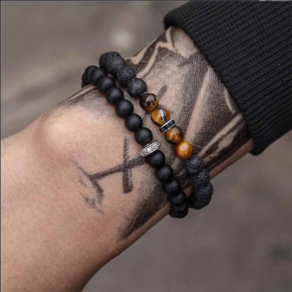 

PandaHall Fashion Retro Black Matte Bracelet Set with Zircon Crown, Diamond Ball, Dice, Lion Head Bracelet Natural Gemstone Round Black