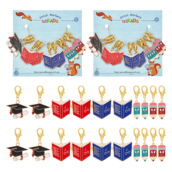PandaHall Graduation Theme Alloy Enamel Book & Pencil & Doctoral Cap Pendant Locking Stitch Markers, Zinc Alloy Lobster Claw Clap Stitch...