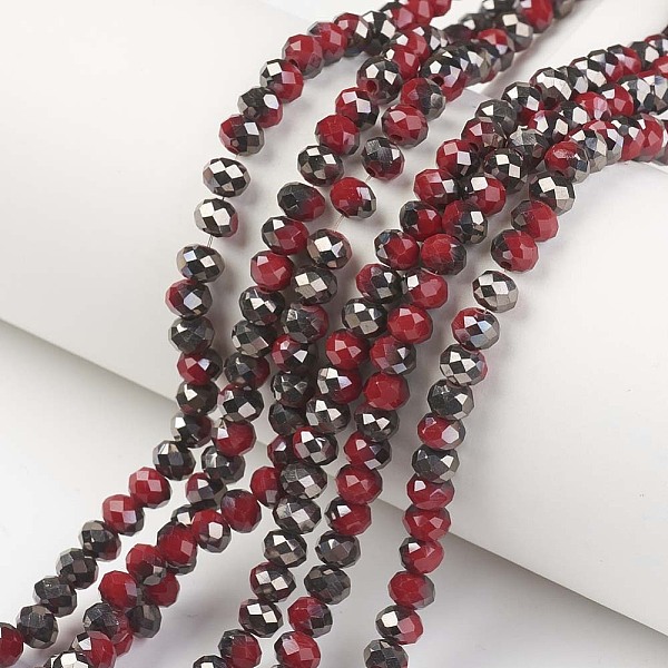 

PandaHall Electroplate Opaque Glass Beads Strands, Half Black Plated, Faceted, Rondelle, Dark Red, 4x3mm, Hole: 0.4mm, about...