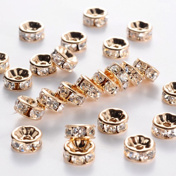

PandaHall Brass Rhinestone Spacer Beads, Grade AAA, Straight Flange, Nickel Free, Light Gold Metal Color, Rondelle, Crystal, 8x3.8mm, Hole..., Clear
