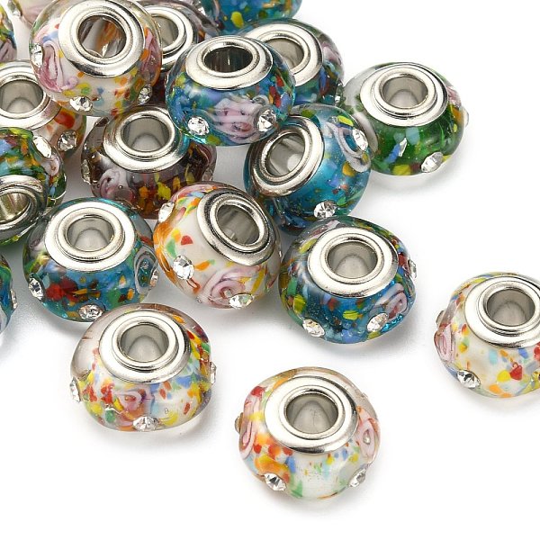 

PandaHall Handmade Lampwork European Beads, with Rhinestone, Large Hole Rondelle Beads, with Platinum Tone Brass Double Cores, Rondelle..., Multicolor