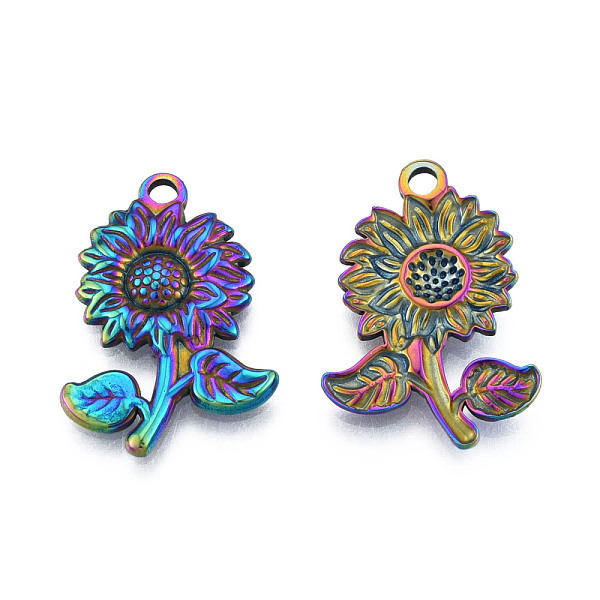 

PandaHall Ion Plating(IP) 201 Stainless Steel Pendants, Sunflower, Rainbow Color, 26x18x2.5mm, Hole: 2mm 201 Stainless Steel Flower