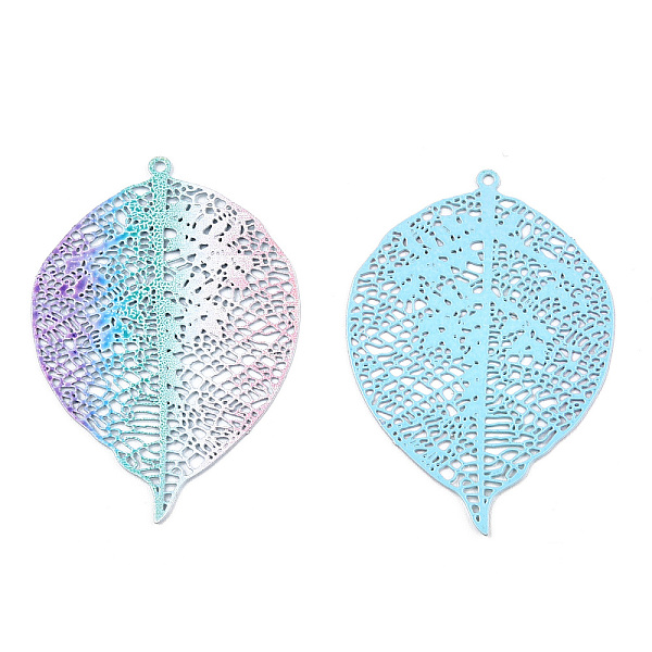 

PandaHall Spray Painted Brass Filigree Pendants, Etched Metal Embellishments, Leaf Charms, Colorful, 42.5x29x0.4mm, Hole: 1.2mm Brass Leaf