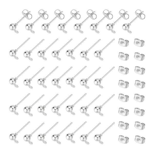 

PandaHall Unicraftale Iron Ball Stud Earring Findings and 304 Stainless Steel Ear Nuts, Round, Stainless Steel Color, 200pcs/box Iron Round
