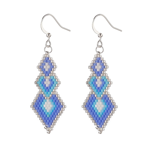 

PandaHall Glass Seed Braided Rhombus Dangle Earrings, Brass Long Drop Earrings for Women, Sky Blue, 56mm, Pin: 0.7mm Glass