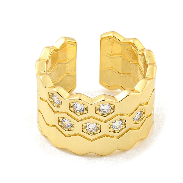 Brass Micro Pave Clear Cubic Zirconia Hexagon Open Cuff Ring