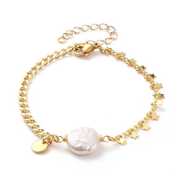 

PandaHall Natural Baroque Pearl Keshi Pearl Link Bracelets, with Brass Curb Chains, 304 Stainless Steel Lobster Claw Clasps and Flat Round..., White