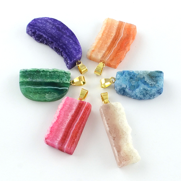 

PandaHall Dyed Drusy Natural Agate Pendants, Mixed Shapes, with Golden Plated Iron Pinch Bails, Mixed Color, 37~49x13~24x6~9mm, Hole: 6x5mm..., Multicolor