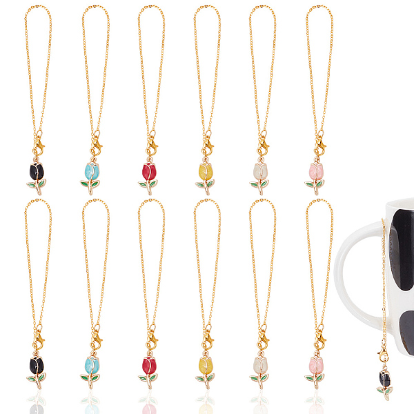 

PandaHall HOBBIESAY 2 Sets Tulip Alloy Enamel Pendants Wine Glass Charms Sets, with Zinc Alloy Lobster Claw Clasps & Brass Coated Iron Cable..., Multicolor