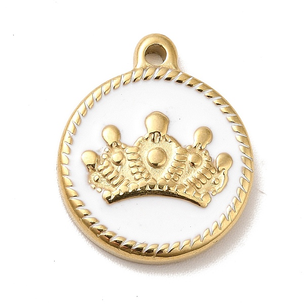 

PandaHall Ion Plating(IP) 304 Stainless Steel Pendants, with Enamel, Golden, Flat Round with Crown, White, 18.5x15.5x3mm, Hole: 1.5mm...
