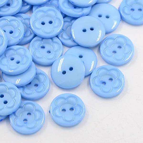 PandaHall Acrylic Sewing Buttons for Clothes Design, Plastic Buttons, 2-Hole, Dyed, Flat Round with Flower Pattern, Cornflower Blue, 16x3mm...