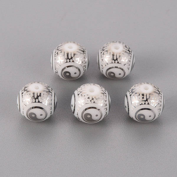 

PandaHall Electroplate Glass Beads, Round with Yin Yang Pattern, Platinum Plated, 10mm, Hole: 1.2mm Glass Round