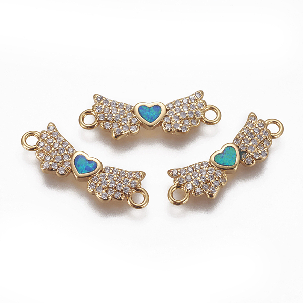 

PandaHall Brass Cubic Zirconia Links, with Synthetic Opal, Wing with Heart, Golden, Blue, 7x21x2mm, Hole: 1.6mm Brass+Cubic Zirconia Wing...